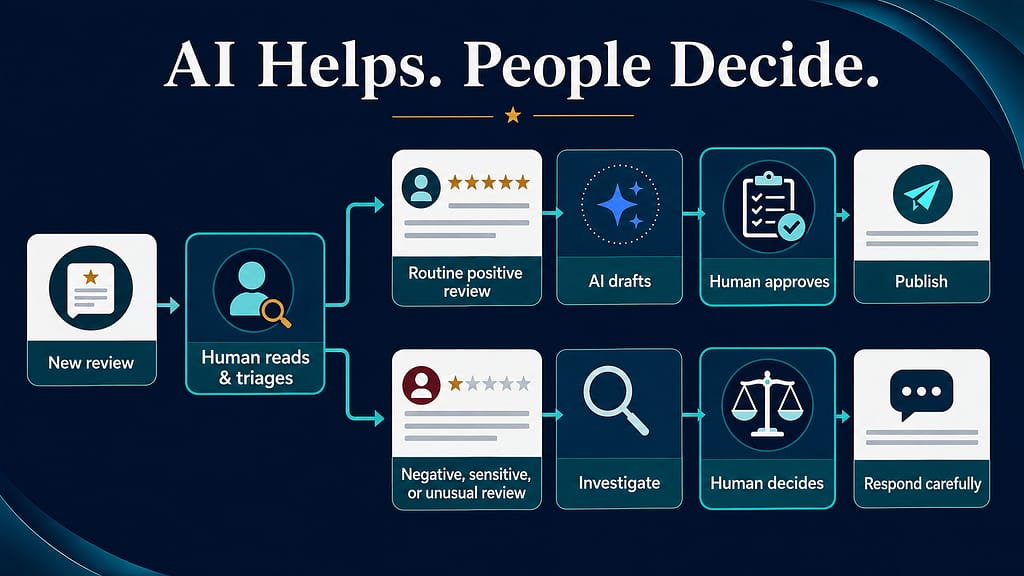 Should Businesses Use AI to Respond to Google Reviews? Flowchart showing AI and human steps in review moderation: New review, human triage, routine reviews handled by AI and approved, sensitive reviews investigated and decided by humans. Final reviews are published or responded to.