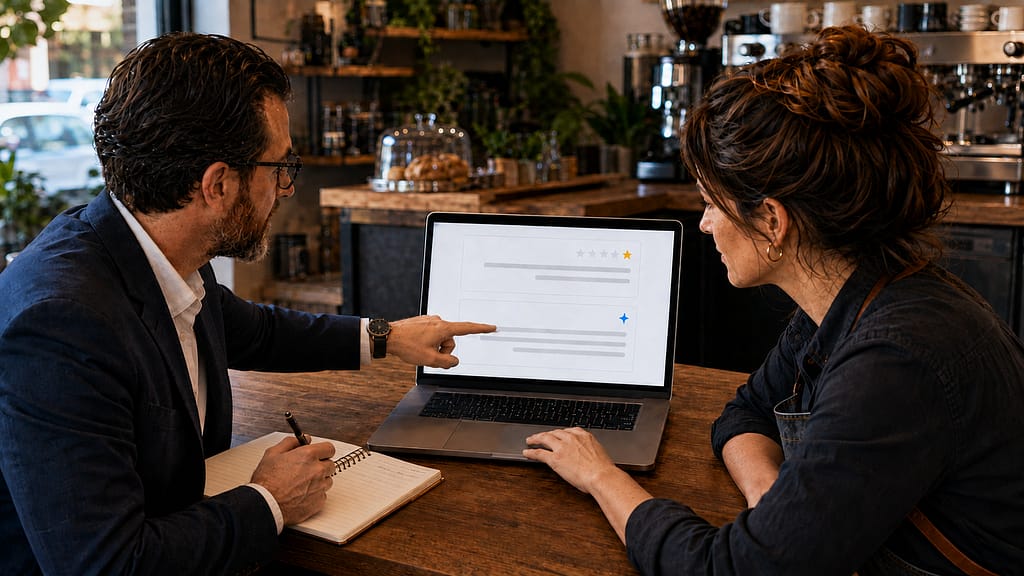 Should Businesses Use AI to Respond to Google Reviews? Two people sit at a wooden table in a cafe, looking at a laptop screen with charts. One is pointing at the screen while the other holds a notebook and pen, both appearing to discuss the data.