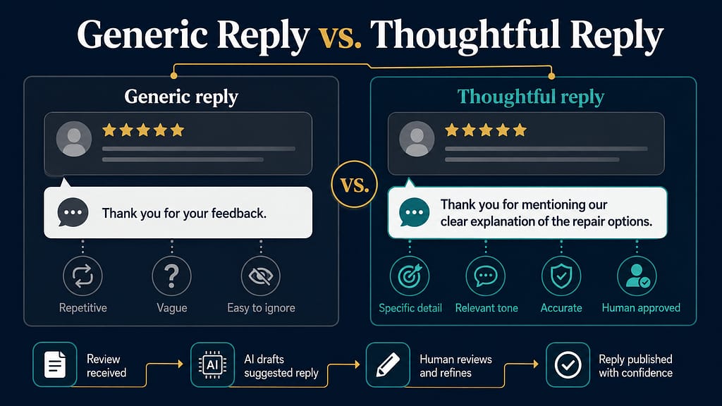 Should Businesses Use AI to Respond to Google Reviews? A comparison chart of Generic Reply vs. Thoughtful Reply, showing differences in response quality, icons, and the process from review to reply, highlighting benefits of thoughtful replies.