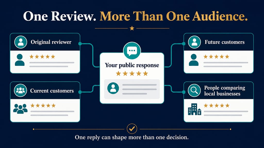 Should Businesses Use AI to Respond to Google Reviews? Infographic showing how one review and public response can influence original reviewer, current customers, future customers, and people comparing local businesses. Text reads, One reply can shape more than one decision..