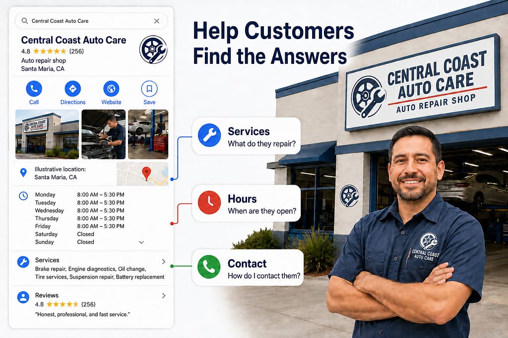 Google Business Profile Optimization: What Local Businesses Should Fix, Maintain, and Monitor Illustrative Google Business Profile auto repair example showing business information, services, photos, reviews, and service area.