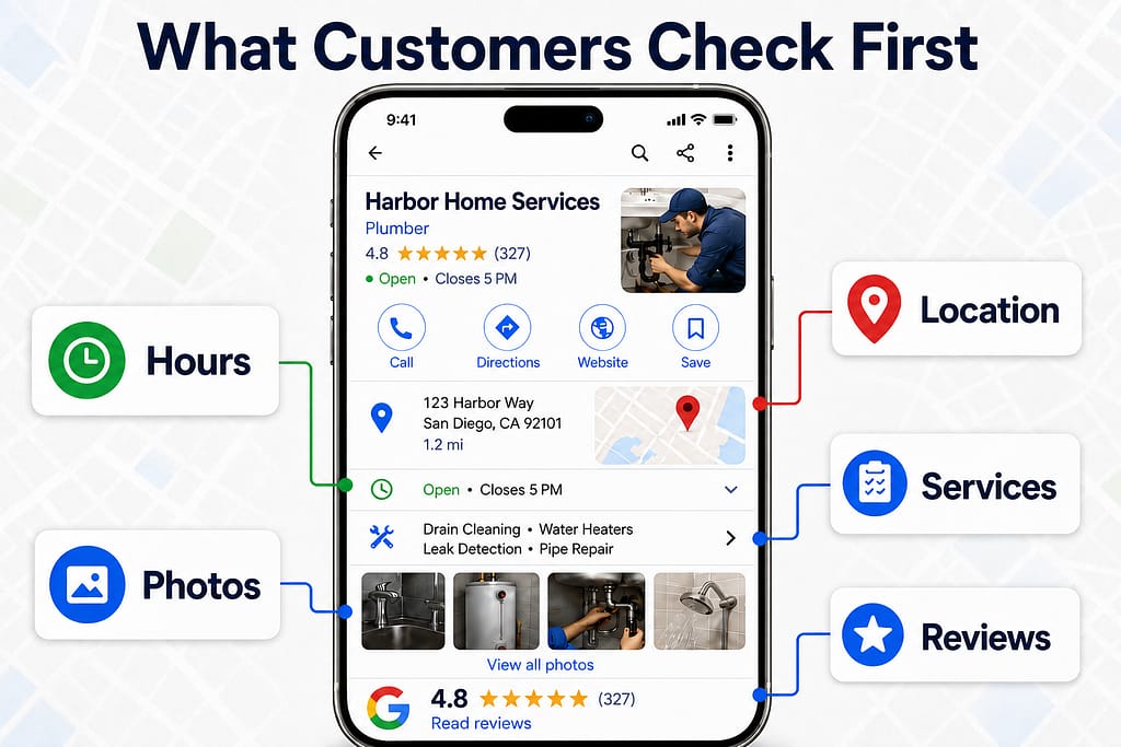 Google Business Profile Optimization: What Local Businesses Should Fix, Maintain, and Monitor Google Business Profile example showing the information customers check first, including location, services, reviews, photos, and hours.