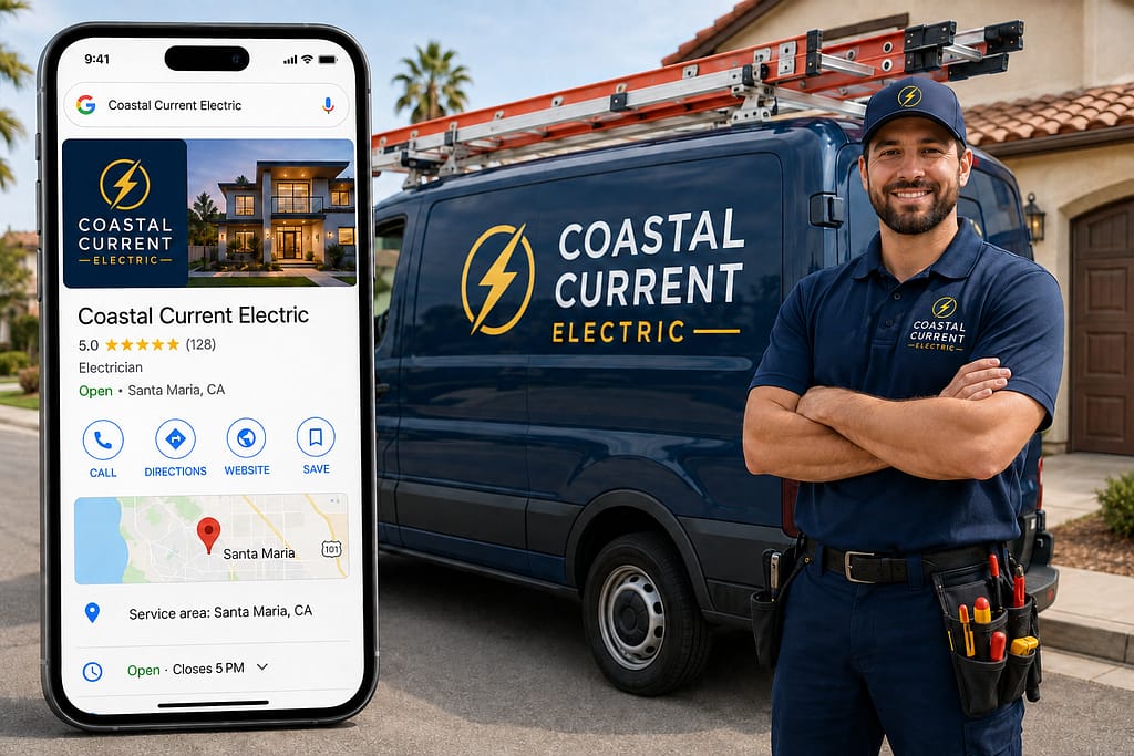 An electrician stands smiling in front of a van, wearing a uniform. Beside him, a phone displays the company’s optimized Google Business Profile listing, proudly showing its location in Santa Maria, CA.
