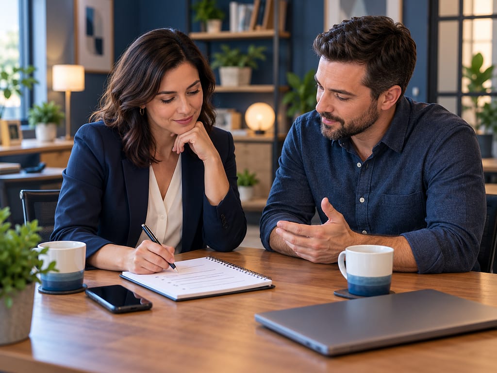 Two business colleagues review notes together to plan a private follow-up to a customer complaint.