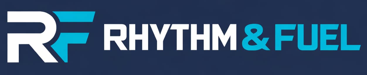 Logo with large white RF on the left and the words RHYTHM & FUEL in white and blue bold text on a dark blue background.