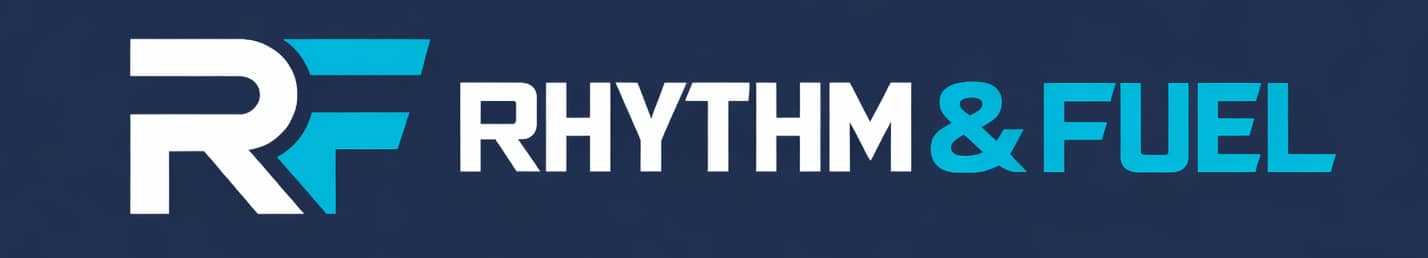 Logo with large RF on the left and the words RHYTHM & FUEL in bold white and blue letters on a dark blue background.