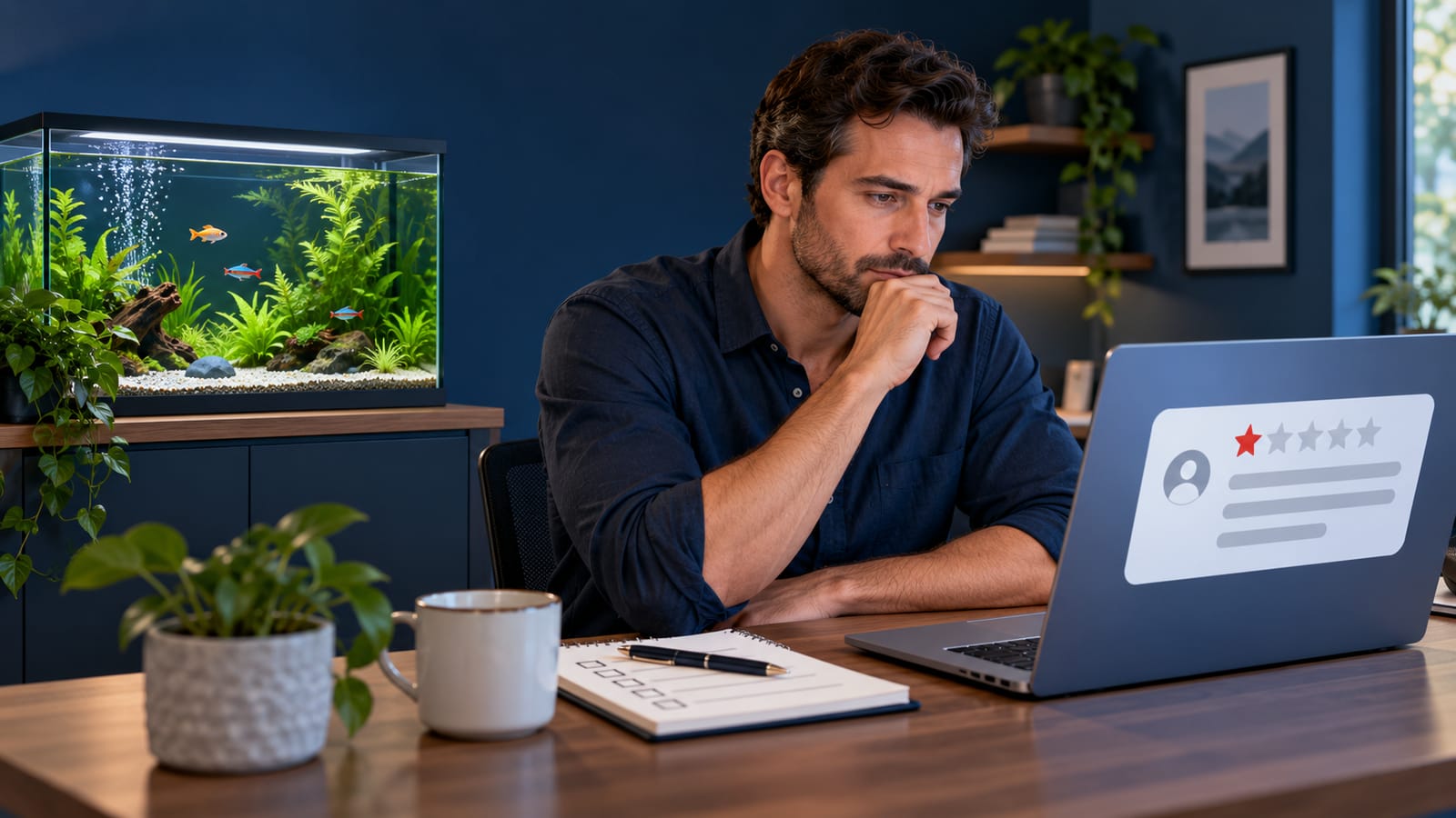 A business owner pauses before replying to a one-star Google review, with an aquarium beside the laptop.