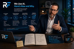A business professional explains AI processes using diagrams and notes in a modern office. A notebook highlights AIs benefits for business, and a blue sign says, Tool, not a shortcut, emphasizing efficiency with human direction.