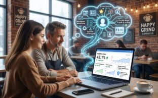 A man and woman look at marketing analytics on a laptop in a coffee shop. Digital icons showing SEO, social media, and online profile data visually float above the screen. Other people work in the background.