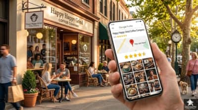 A hand holds a phone showing a 5-star review for Happy Happy Grind Coffee Company, with the café and people dining outside visible in the background on a sunny day.