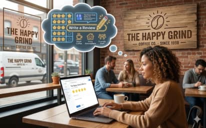 A woman at The Happy Grind café writes an online review on her laptop, imagining positive ratings for coffee, staff, and atmosphere; other customers chat in the cozy, brick-walled coffee shop.