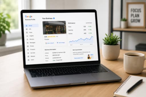A laptop on a desk displays a Google Business Profile dashboard with performance stats. Theres a cup of coffee, a notebook, a pen, and a plant nearby. A blurred motivational poster is in the background.