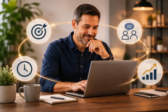 A man works on a laptop at a desk, surrounded by icons representing goals, teamwork, time management, and growth, suggesting productivity and business strategy.