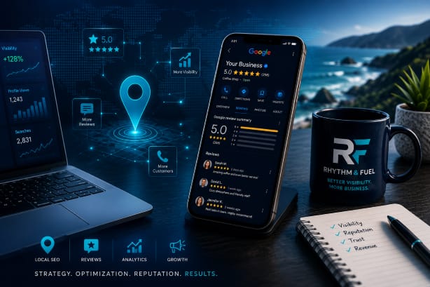 A smartphone displays business reviews and SEO stats, surrounded by a laptop, branded mug, and notepad, with digital location and analytics icons overlaying a scenic ocean background.